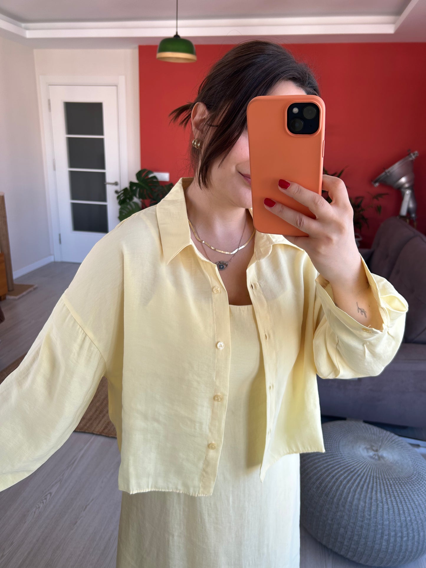 Kadın Modal Takım – Sarı Elbiseli Gömlekli İkili Set
