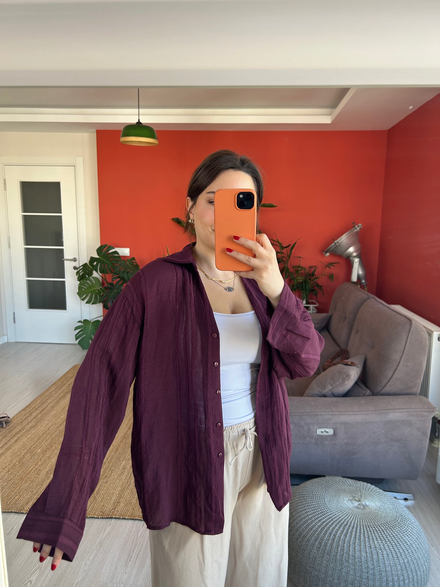 Kadın Gömlek – Mürdüm Transparan Kumaş Rahat ve Klasik Stil