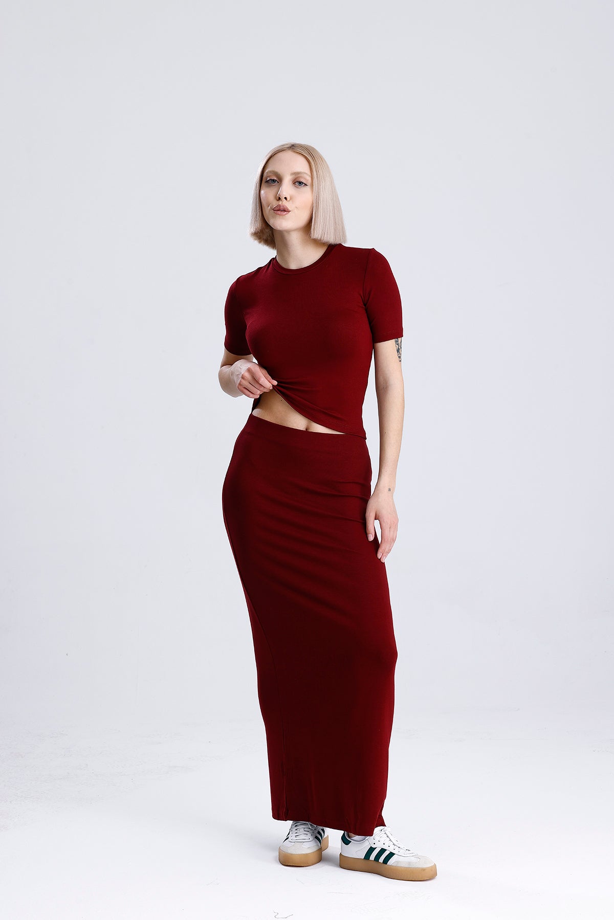 Kadın Uzun Etek – Bordo Soft Touch Rahat Kesim
