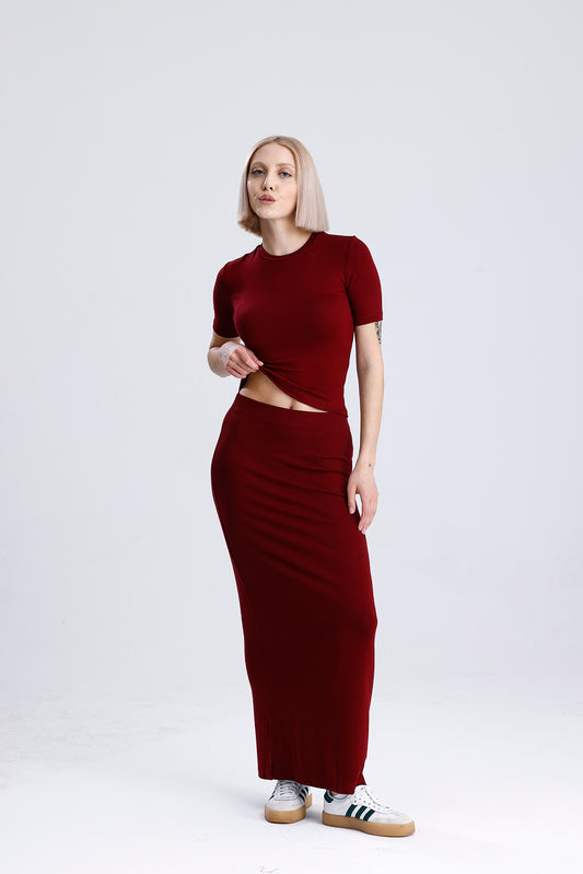 Kadın Uzun Etek – Bordo Soft Touch Rahat Kesim