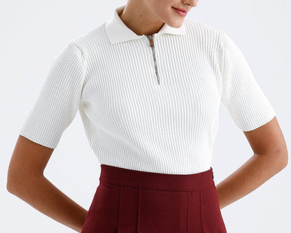 Kadın Triko Tişört – Ekru Fermuarlı Modern Günlük Üst