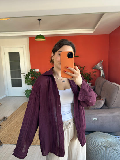 Kadın Gömlek – Mürdüm Transparan Kumaş Rahat ve Klasik Stil