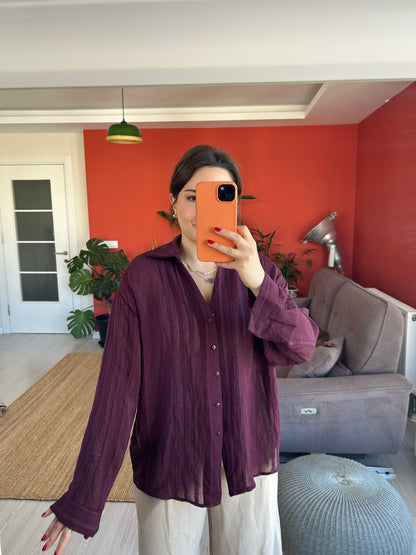 Kadın Gömlek – Mürdüm Transparan Kumaş Rahat ve Klasik Stil