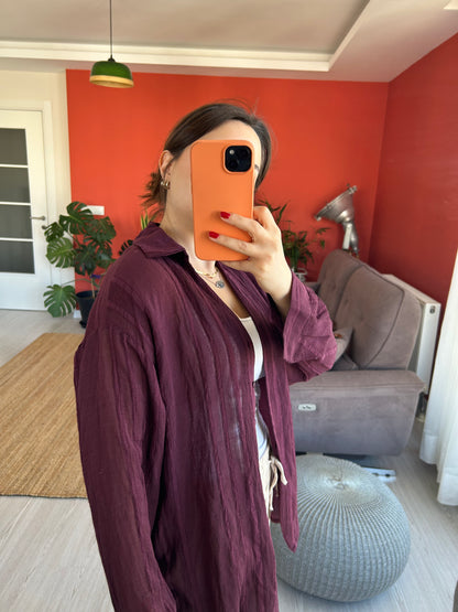 Kadın Gömlek – Mürdüm Transparan Kumaş Rahat ve Klasik Stil