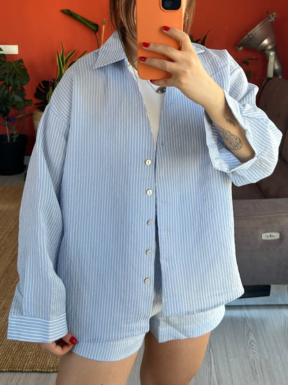 Tensel Şortlu Takım Mavi Çizgili – Modern ve Rahat Stil