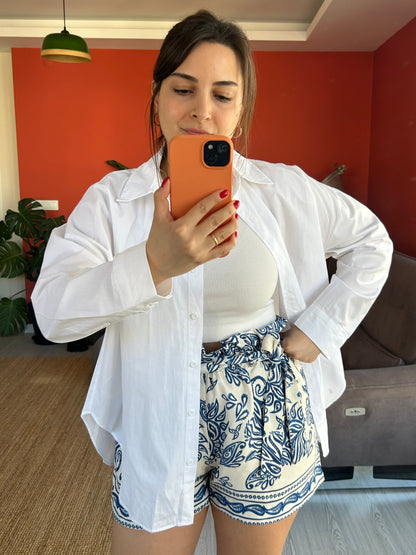 Saten Kumaşlı Bağlamalı Desenli Şort