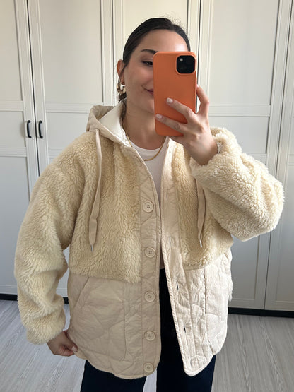 Bej Kapitone Peluş Mont