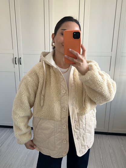 Bej Kapitone Peluş Mont