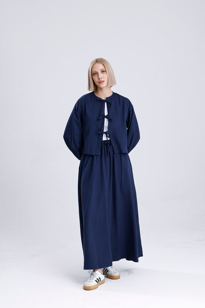 Kadın Kimonolu Etekli Takım – Lacivert Renk Şık ve Rahat İkili Set