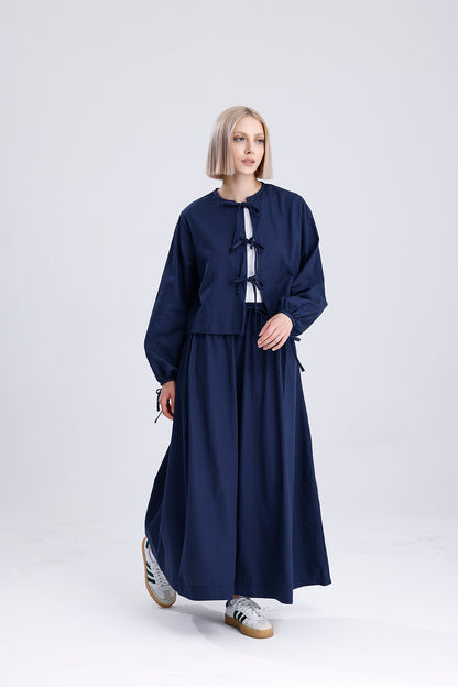 Kadın Kimonolu Etekli Takım – Lacivert Renk Şık ve Rahat İkili Set