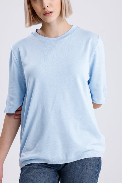 Kadın Triko Tişört – Mavi Yuvarlak Yaka Kısa Kollu Yazlık Üst