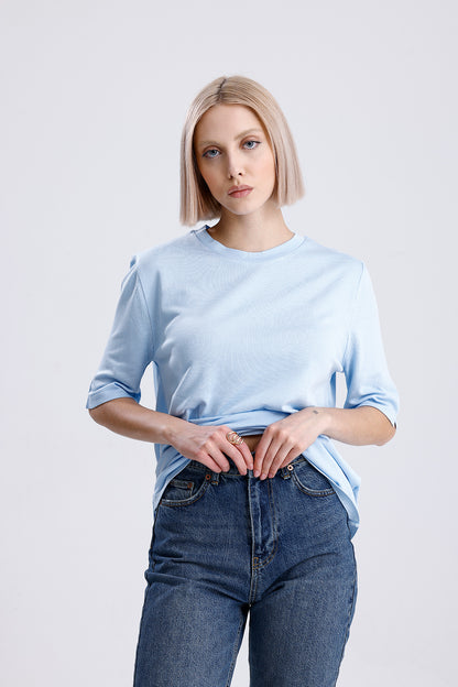 Kadın Triko Tişört – Mavi Yuvarlak Yaka Kısa Kollu Yazlık Üst