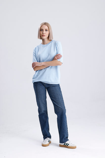 Kadın Triko Tişört – Mavi Yuvarlak Yaka Kısa Kollu Yazlık Üst