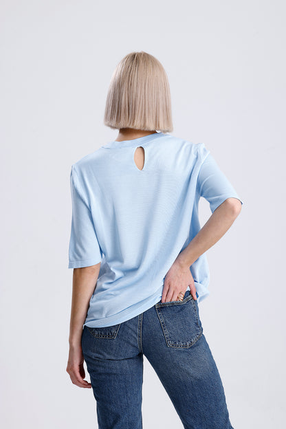 Kadın Triko Tişört – Mavi Yuvarlak Yaka Kısa Kollu Yazlık Üst