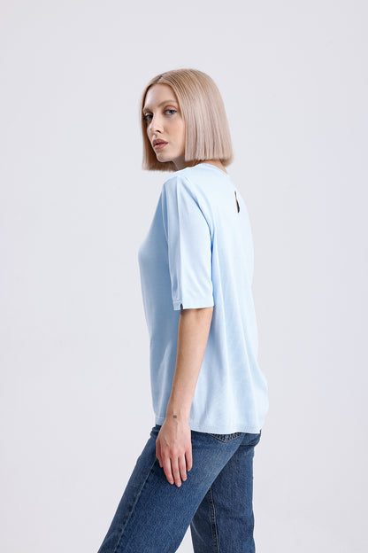 Kadın Triko Tişört – Mavi Yuvarlak Yaka Kısa Kollu Yazlık Üst