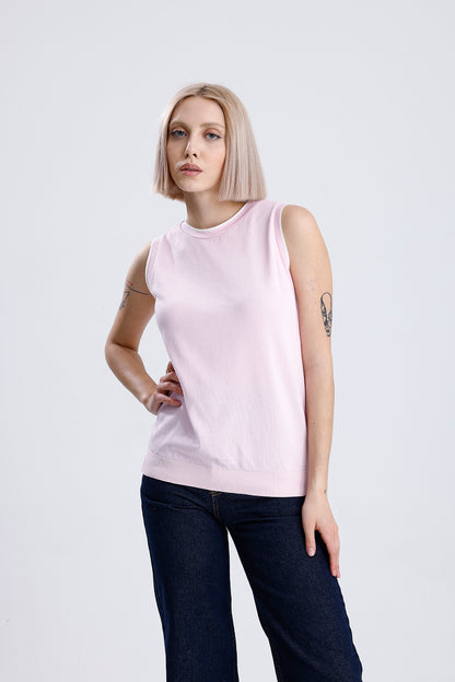 Kadın Kolsuz Triko Tişört – Pembe Renk, Yazlık Şık Üst