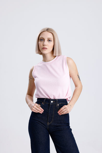 Kadın Kolsuz Triko Tişört – Pembe Renk, Yazlık Şık Üst