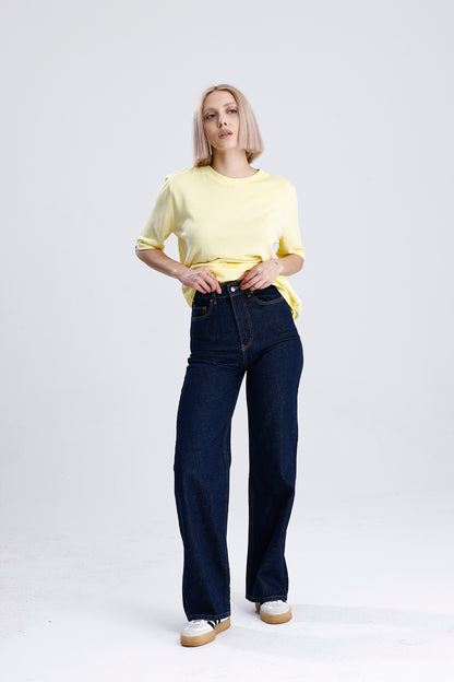 Kadın Triko Tişört – Sarı Yuvarlak Yaka Kısa Kollu Yazlık Üst