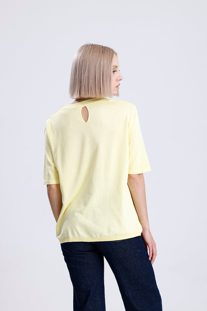 Kadın Triko Tişört – Sarı Yuvarlak Yaka Kısa Kollu Yazlık Üst