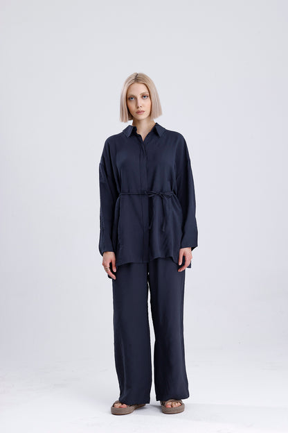 Kadın Gömlekli Modal Takım – Antrasit Renk Dökümlü İkili Set