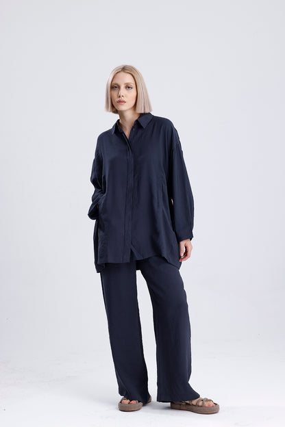 Kadın Gömlekli Modal Takım – Antrasit Renk Dökümlü İkili Set