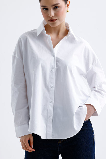 Kadın Poplin Gömlek – Beyaz Pamuklu Esnek Kumaş Klasik Stil