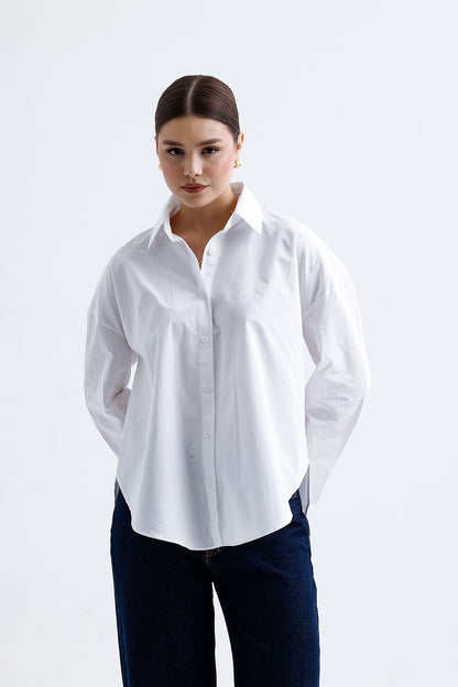 Kadın Poplin Gömlek – Beyaz Pamuklu Esnek Kumaş Klasik Stil