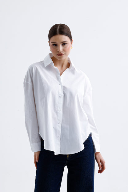 Kadın Poplin Gömlek – Beyaz Pamuklu Esnek Kumaş Klasik Stil