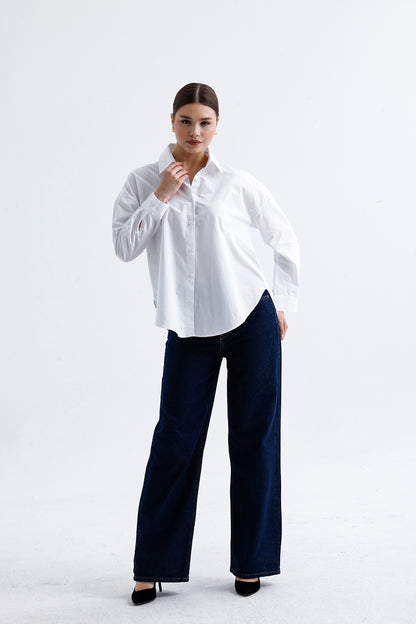 Kadın Poplin Gömlek – Beyaz Pamuklu Esnek Kumaş Klasik Stil