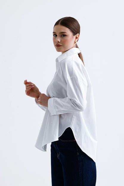 Kadın Poplin Gömlek – Beyaz Pamuklu Esnek Kumaş Klasik Stil