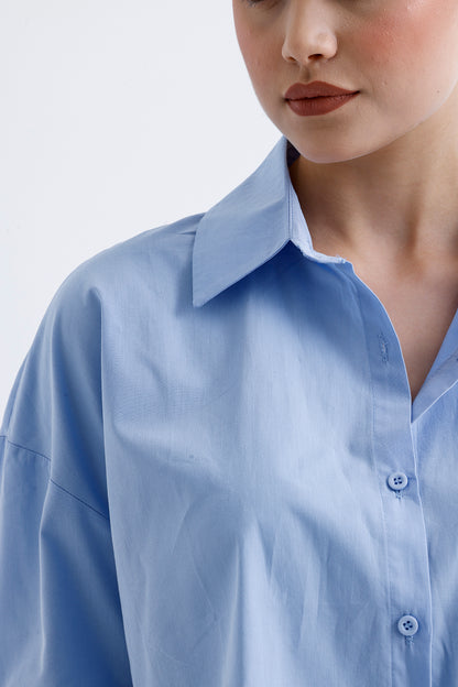 Kadın Poplin Gömlek – Mavi Pamuklu Esnek Kumaş Klasik Stil