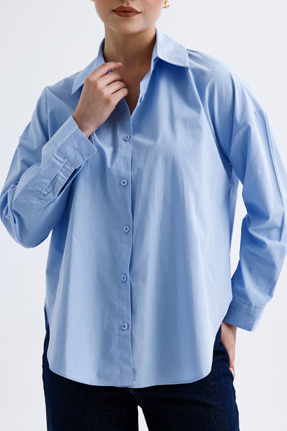 Kadın Poplin Gömlek – Mavi Pamuklu Esnek Kumaş Klasik Stil