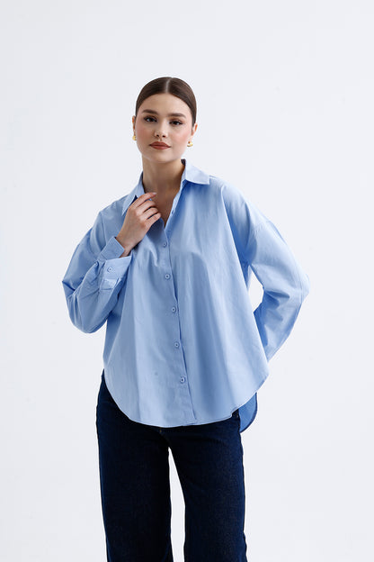 Kadın Poplin Gömlek – Mavi Pamuklu Esnek Kumaş Klasik Stil