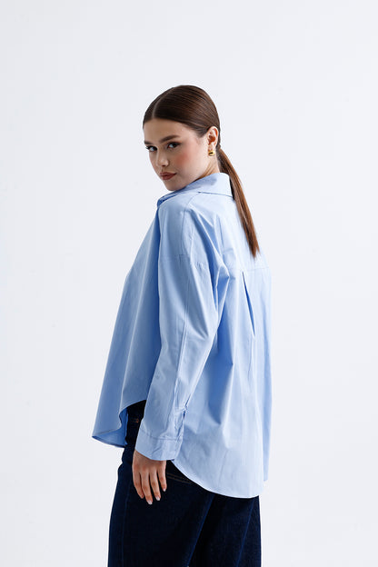 Kadın Poplin Gömlek – Mavi Pamuklu Esnek Kumaş Klasik Stil