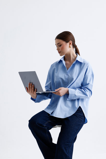 Kadın Poplin Gömlek – Mavi Pamuklu Esnek Kumaş Klasik Stil