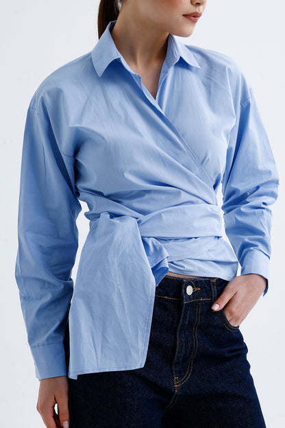 Kadın Kruvaze Gömlek – Mavi Pamuklu Kumaş V Yaka Stil