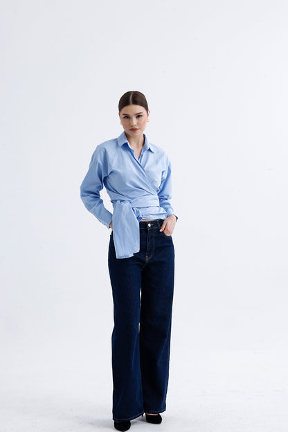 Kadın Kruvaze Gömlek – Mavi Pamuklu Kumaş V Yaka Stil