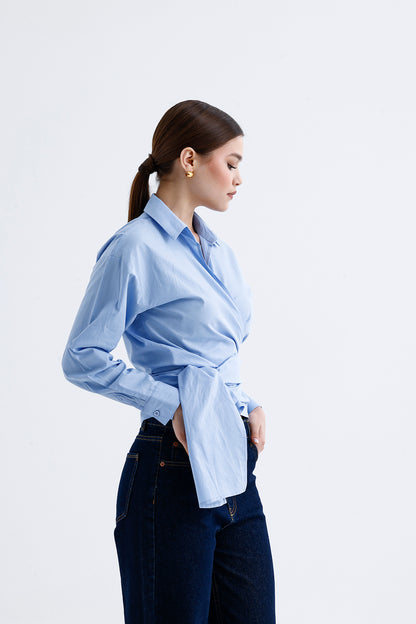 Kadın Kruvaze Gömlek – Mavi Pamuklu Kumaş V Yaka Stil