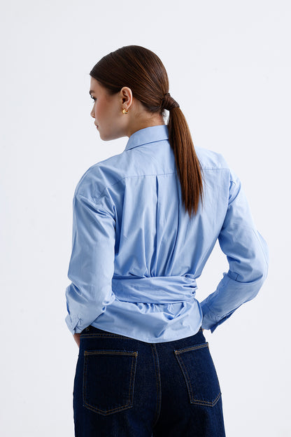 Kadın Kruvaze Gömlek – Mavi Pamuklu Kumaş V Yaka Stil