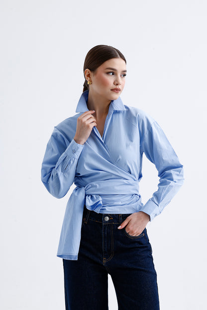 Kadın Kruvaze Gömlek – Mavi Pamuklu Kumaş V Yaka Stil