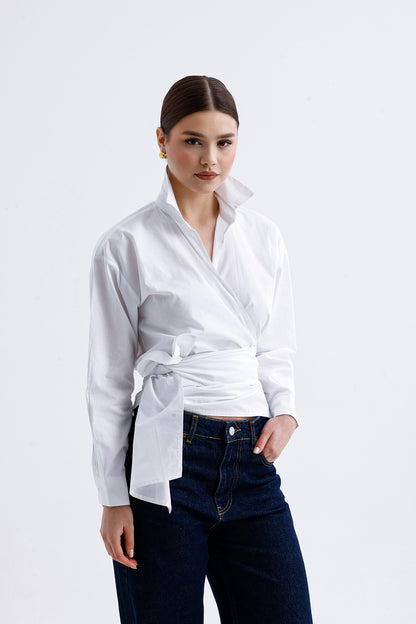 Kadın Kruvaze Gömlek – Beyaz Pamuklu Kumaş V Yaka Stil