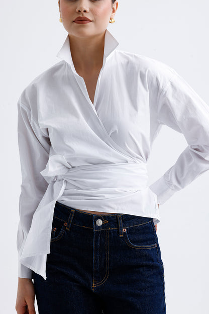 Kadın Kruvaze Gömlek – Beyaz Pamuklu Kumaş V Yaka Stil