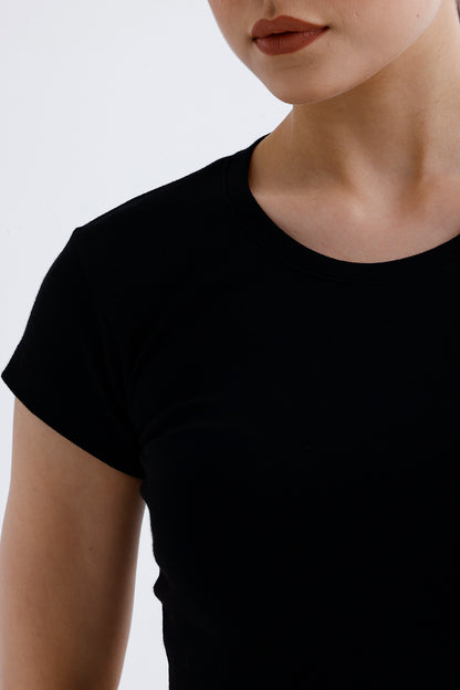 Kadın Fit Basic Tişört – Siyah Renk Esnek Pamuklu Kumaş