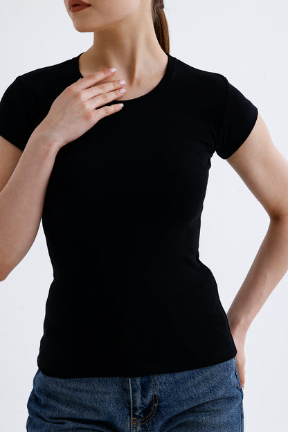 Kadın Fit Basic Tişört – Siyah Renk Esnek Pamuklu Kumaş