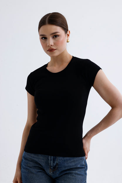 Kadın Fit Basic Tişört – Siyah Renk Esnek Pamuklu Kumaş