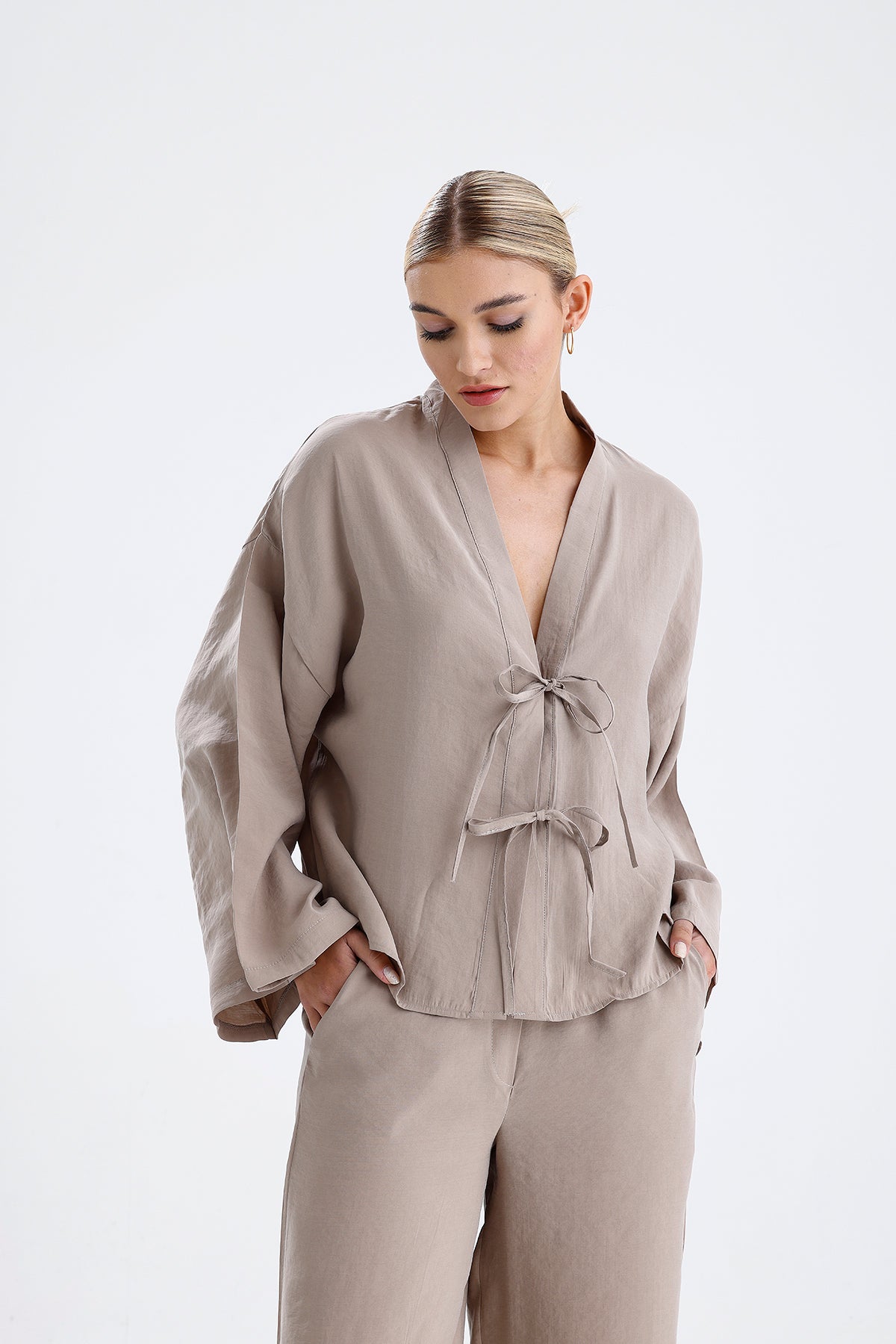 Kadın Modal Kimono Takım – Bej Renk Dökümlü İkili Set