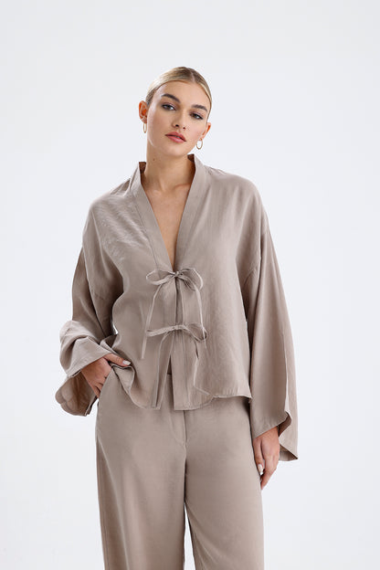 Kadın Modal Kimono Takım – Bej Renk Dökümlü İkili Set