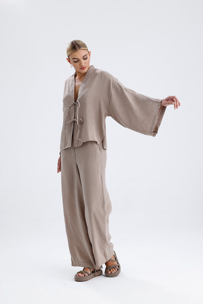 Kadın Modal Kimono Takım – Bej Renk Dökümlü İkili Set