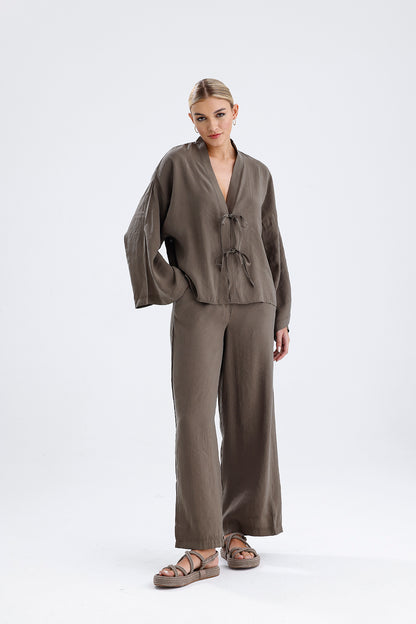 Kadın Modal Kimono Takım – Haki Renk Dökümlü İkili Set