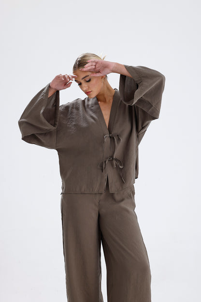 Kadın Modal Kimono Takım – Haki Renk Dökümlü İkili Set